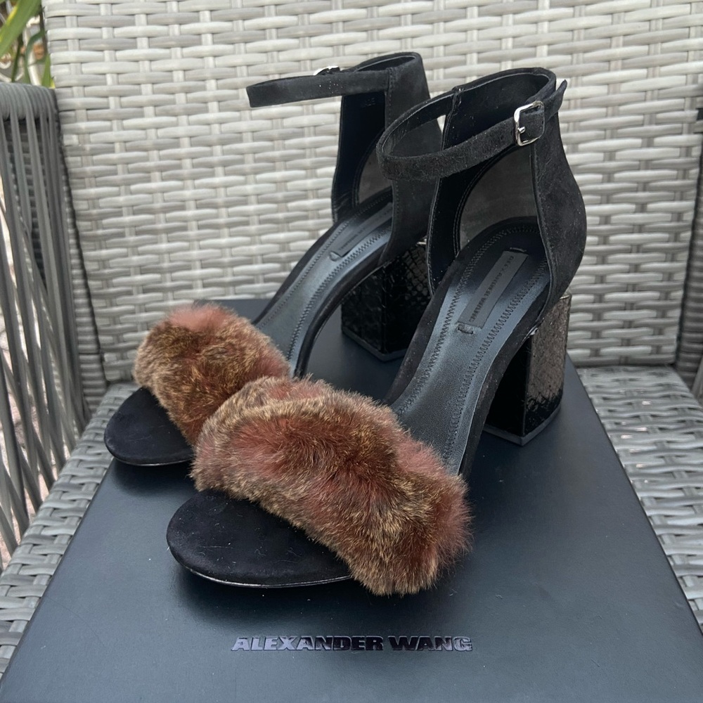 Alexander Wang Abby Brown Fur/Black Snake Emboss Sandals